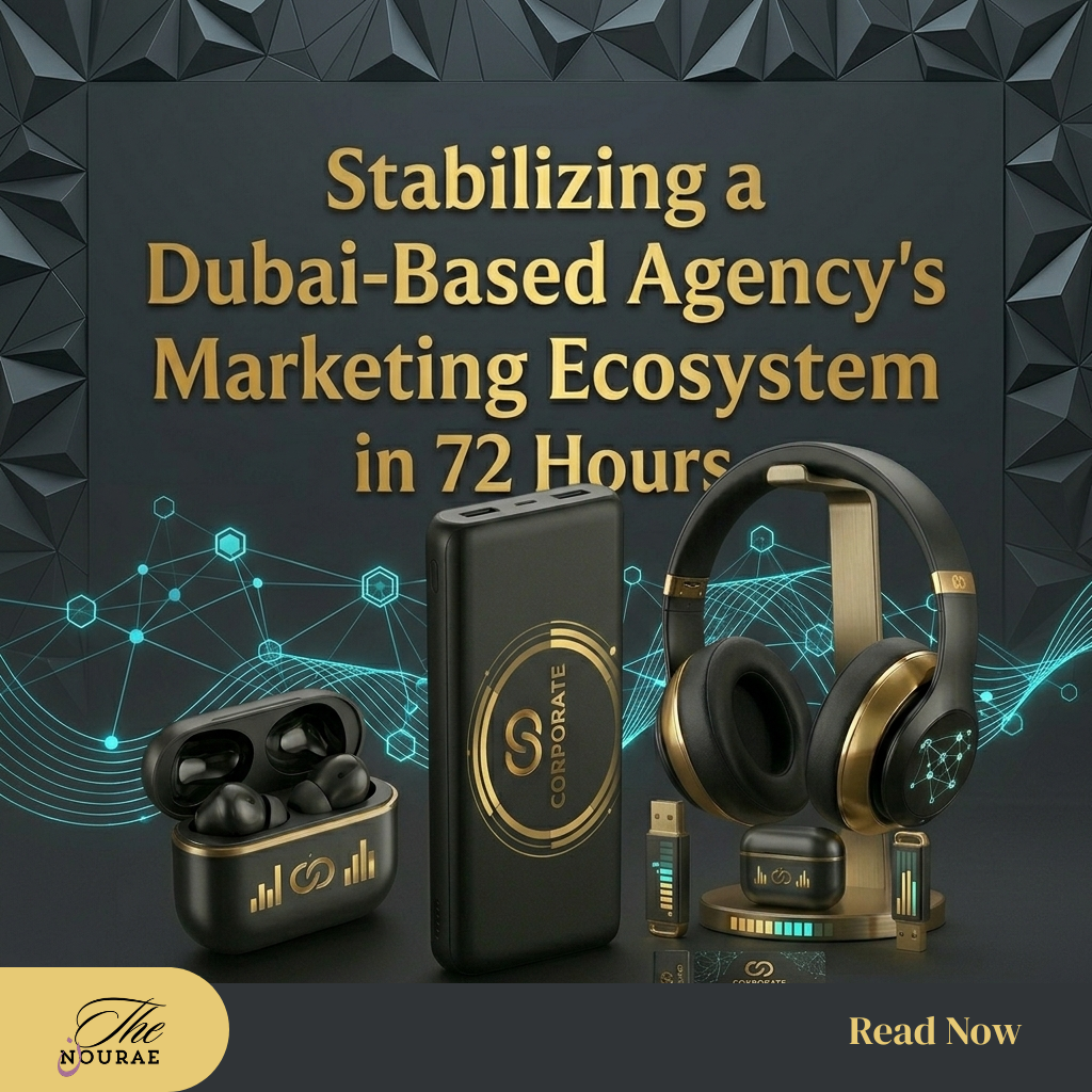 Case study cover image for The Nourae titled "Stabilizing a Dubai-Based Agency's Marketing Ecosystem in 72 Hours," featuring luxury black and gold tech accessories.