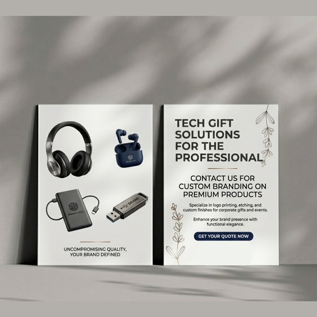 corporate-tech-gift-solutions-flyer-design Corporate flyer design mockup for B2B tech gift solutions, featuring custom brand merchandise illustrations by The Nourae.