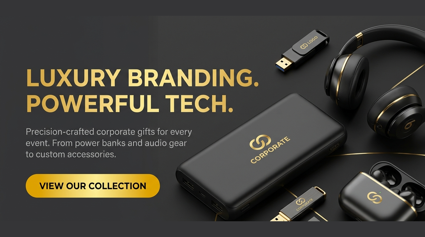 luxury-branding-corporate-tech-website-header-case-study Website header design case study asset for luxury corporate gifts, showcasing a premium black and gold aesthetic with tech accessories analyzed by The Nourae.