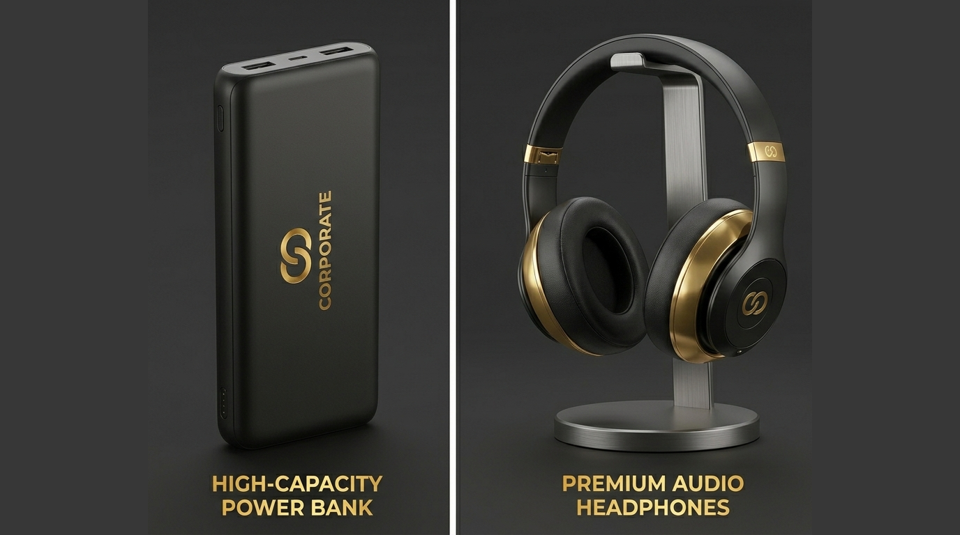 premium-corporate-tech-merchandise-design Premium corporate merchandise product display designed by The Nourae, highlighting a custom high-capacity power bank and gold-accented audio headphones.