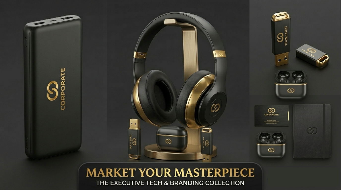 market-your-masterpiece-executive-tech-branding-collection Corporate branding graphic titled "Market Your Masterpiece: The Executive Tech & Branding Collection," showcasing premium black and gold merchandise designed by The Nourae.