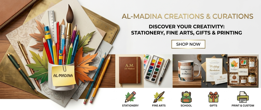 Brand design and marketing portfolio banner for Al-Madina Creations & Curations, showcasing stationery, fine arts, gifts, and custom printing items designed by The Nourae.