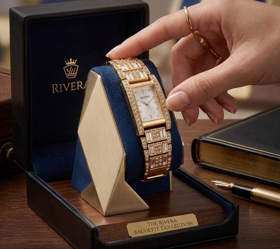 Premium timepiece digital merchandising example, showcasing a luxury gold diamond-encrusted watch on a display stand for a high-end commercial brand campaign.