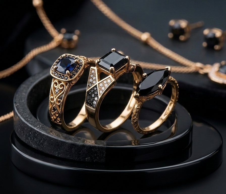 High-end jewelry product photography and brand styling case study, featuring a collection of three bespoke gold and black gemstone rings.