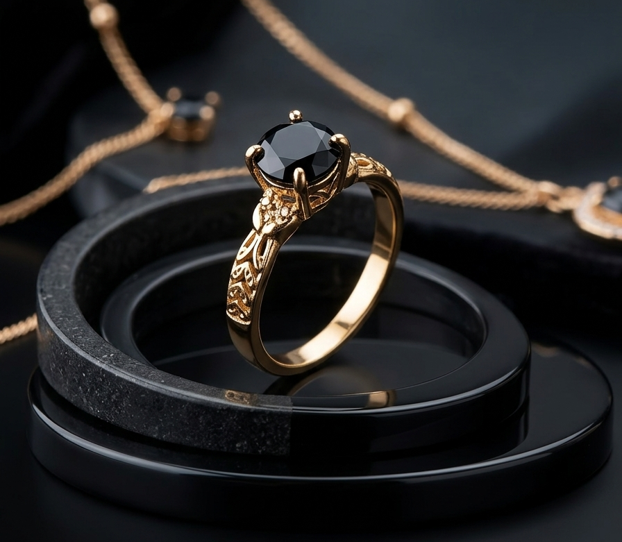 Luxury B2B e-commerce photography mockup, highlighting a close-up profile of a premium gold statement ring with a round black gemstone.