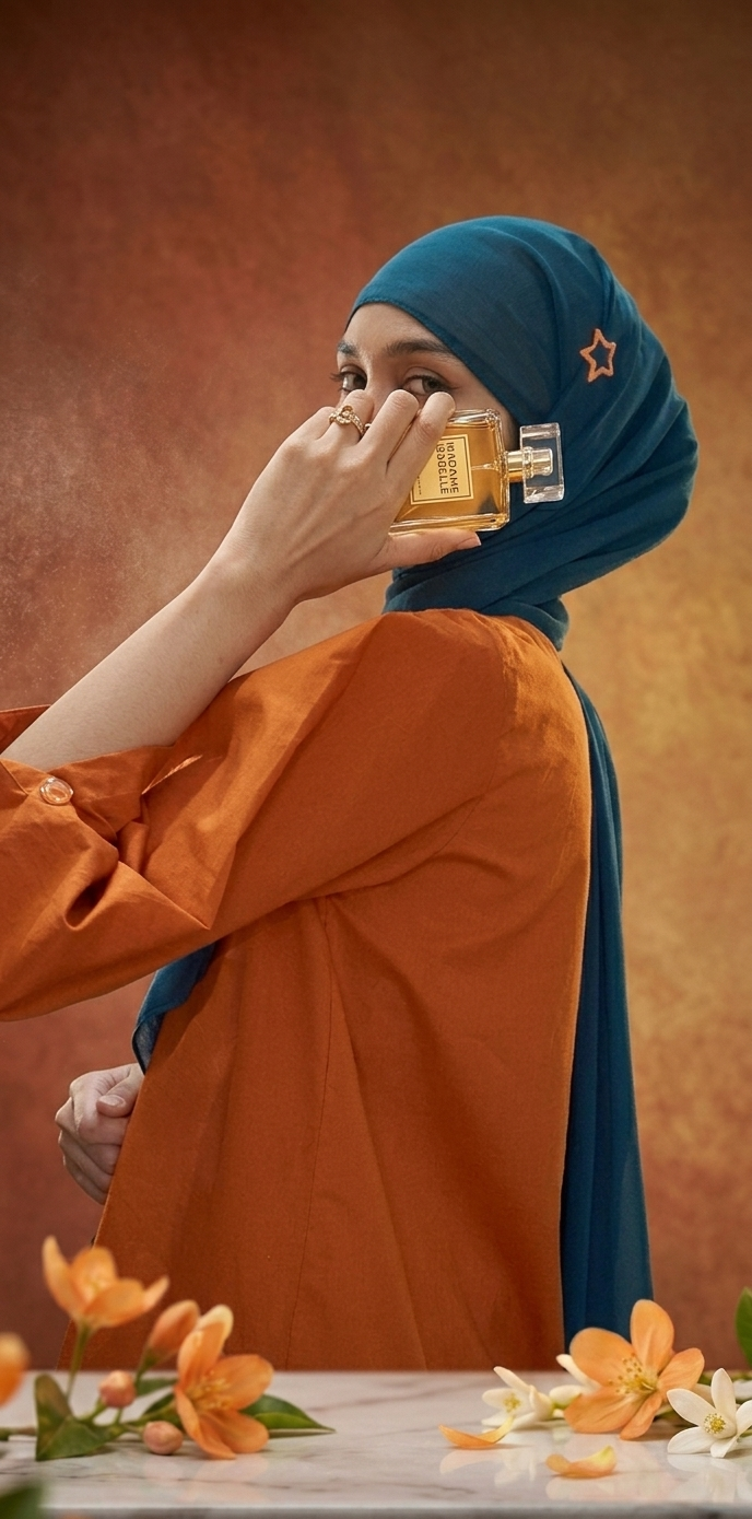 A close-up studio portrait of a woman in a teal hijab and vibrant orange top holding a gold perfume bottle to her face, highlighting online perfume brand strategy and creative direction.
