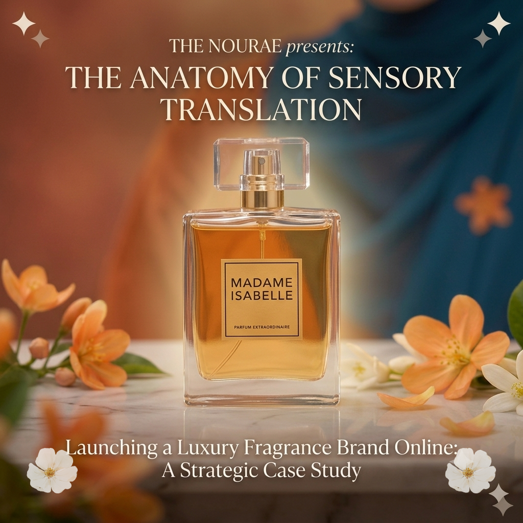 A square editorial graphic by The Nourae, featuring a Madame Isabelle perfume bottle styled on a marble surface with orange and white flowers. Text overlay reads: THE ANATOMY OF SENSORY TRANSLATION - Launching a Luxury Fragrance Brand Online: A Strategic Case Study.