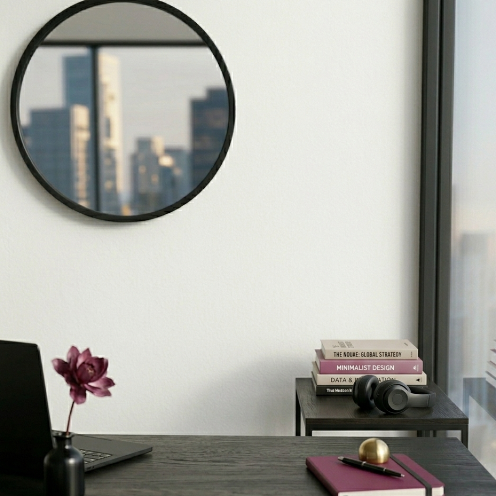 A minimalist workspace with a dark wood desk, a notebook, and a round mirror reflecting a city skyline, representing The Nourae digital consultancy.